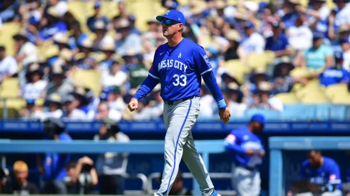 Jun 16, 2024; Los Angeles, California, USA; Kansas City Royals manager Matt Quatraro (33) comes out during a pitching change in the eighth inning at Dodger Stadium.