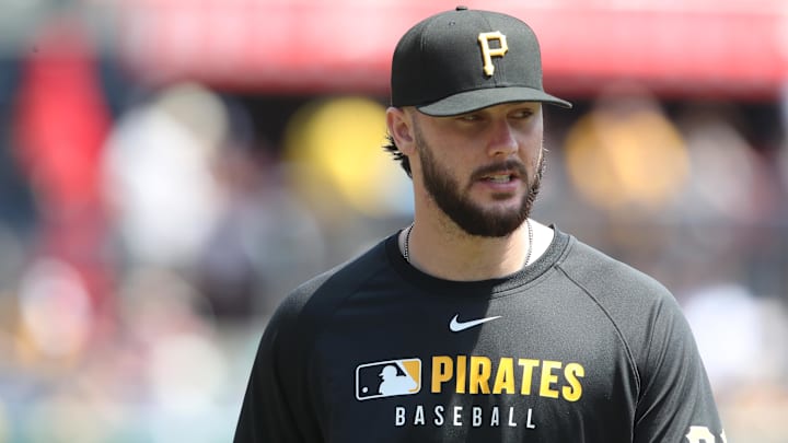 May 11, 2025; Pittsburgh, Pennsylvania, USA;  Pittsburgh Pirates pitcher Paul Skenes (30) looks on before the game against the Atlanta Braves at PNC Park. Mandatory Credit: Charles LeClaire-Imagn Images