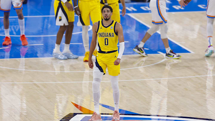 Jun 16, 2025; Oklahoma City, Oklahoma, USA; Indiana Pacers guard Tyrese Haliburton (0) walks back to the team bench in the first quarter against the Oklahoma City Thunder during game five of the 2025 NBA Finals at Paycom Center. Mandatory Credit: Alonzo Adams-Imagn Images