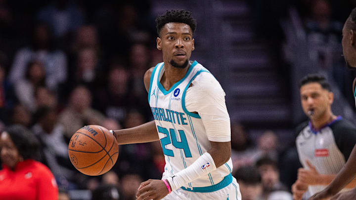 Feb 28, 2026; Charlotte, North Carolina, USA; Charlotte Hornets forward Brandon Miller (24) brings the ball up court against the Portland Trail Blazers during the first quarter at Spectrum Center. Mandatory Credit: Scott Kinser-Imagn Images