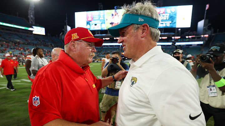 Aug 10, 2024; Jacksonville, Florida, USA; Jacksonville Jaguars head coach Doug Pederson greets Kansas City Chiefs head coach Andy Reid after a preseason game at EverBank Stadium. Mandatory Credit: Nathan Ray Seebeck-Imagn Images