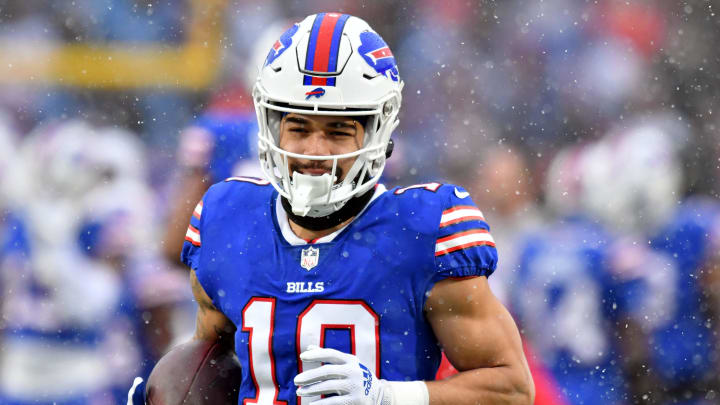 Jan 22, 2023; Orchard Park, New York, USA; Buffalo Bills wide receiver Khalil Shakir (10) during warmups before an AFC divisional round game between the Buffalo Bills and the Cincinnati Bengals at Highmark Stadium. Mandatory Credit: Mark Konezny-USA TODAY Sports