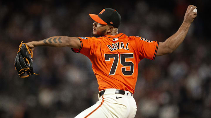 Sep 27, 2024; San Francisco, California, USA; San Francisco Giants pitcher Camilo Doval (75) delivers a pitch against the St. Louis Cardinals during the seventh inning at Oracle Park.
