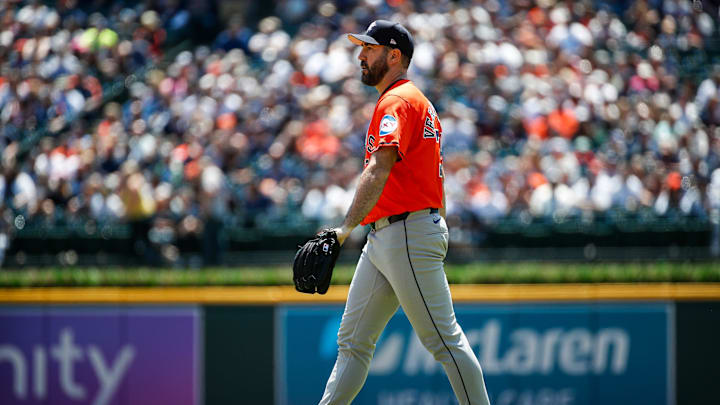 Houston Astros pitcher Justin Verlander takes the mound before pitching against Detroit Tigers during the first inning at Comerica Park in Detroit on Sunday, May 12, 2024.
