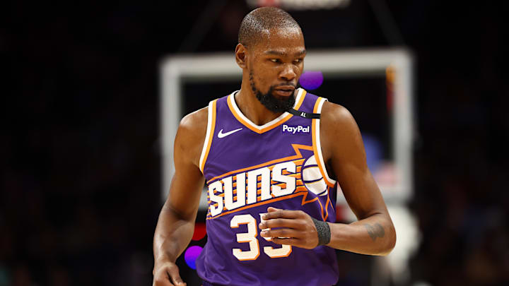 Jan 29, 2025; Phoenix, Arizona, USA; Phoenix Suns forward Kevin Durant (35) reacts against the Minnesota Timberwolves in the first half at Footprint Center. Mandatory Credit: Mark J. Rebilas-Imagn Images