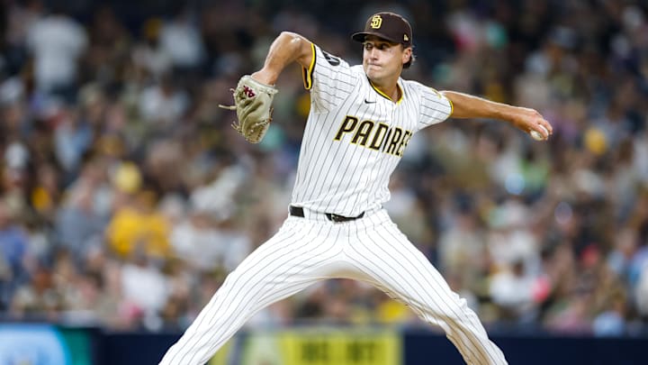 Sep 13, 2025; San Diego, California, USA; San Diego Padres relief pitcher Kyle Hart (68) throws a pitch during the seventh inning against the Colorado Rockies at Petco Park. Mandatory Credit: David Frerker-Imagn Images