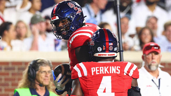 Aug 30, 2025; Oxford, Mississippi, USA; Mississippi Rebels defensive linemen Zxavian Harris (51) reacts after an interception during the third quarter against the Georgia State Panthers at Vaught-Hemingway Stadium. Mandatory Credit: Petre Thomas-Imagn Images Aug 30, 2025; Oxford, Mississippi, USA; Mississippi Rebels defensive linemen Zxavian Harris (51) reacts after an interception during the third quarter against the Georgia State Panthers at Vaught-Hemingway Stadium. Mandatory Credit: Petre Thomas-Imagn Images