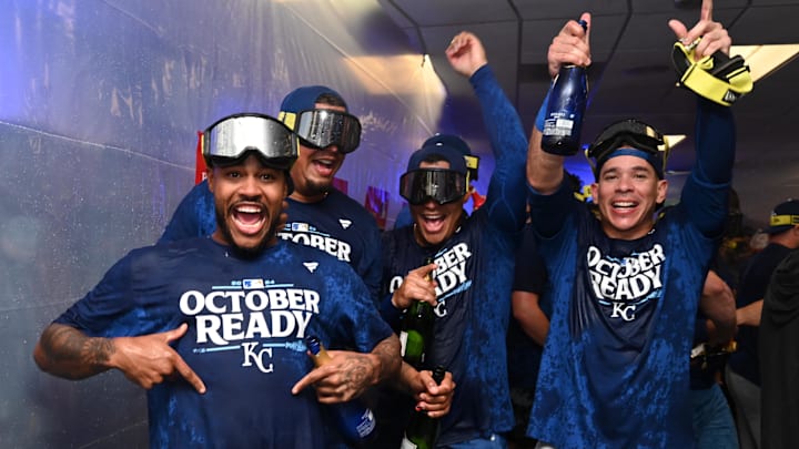 Oct 2, 2024; Baltimore, Maryland, USA; Kansas City Royals players celebrate in the locker room after defeating the Baltimore Orioles in game two of the Wild Card round for the 2024 MLB Playoffs at Oriole Park at Camden Yards. Mandatory Credit: Tommy Gilligan-Imagn Images Oct 2, 2024; Baltimore, Maryland, USA; Kansas City Royals players celebrate in the locker room after defeating the Baltimore Orioles in game two of the Wild Card round for the 2024 MLB Playoffs at Oriole Park at Camden Yards. Mandatory Credit: Tommy Gilligan-Imagn Images