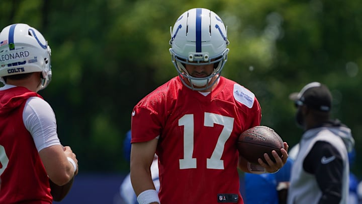 Indianapolis Colts quarterback Daniel Jones (17) walks up the field Tuesday, June 10, 2025, during NFL Colts mandatory mini camp at the Indiana Farm Bureau Football Center in Indianapolis.