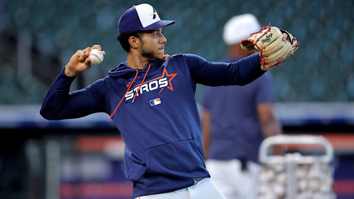 Sep 15, 2025; Houston, Texas, USA; Houston Astros shortstop Jeremy Pena (3) warms up prior to the game against the Texas Rangers at Daikin Park. Mandatory Credit: Erik Williams-Imagn Images