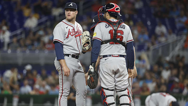 Sep 15, 2023; Miami, Florida, USA; Atlanta Braves starting pitcher Bryce Elder (55) and  catcher