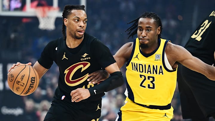 May 13, 2025; Cleveland, Ohio, USA; Cleveland Cavaliers guard Darius Garland (10) drives to the basket against Indiana Pacers forward Aaron Nesmith (23) during the first quarter of game five of the second round for the 2025 NBA Playoffs at Rocket Arena. Mandatory Credit: Ken Blaze-Imagn Images May 13, 2025; Cleveland, Ohio, USA; Cleveland Cavaliers guard Darius Garland (10) drives to the basket against Indiana Pacers forward Aaron Nesmith (23) during the first quarter of game five of the second round for the 2025 NBA Playoffs at Rocket Arena. Mandatory Credit: Ken Blaze-Imagn Images