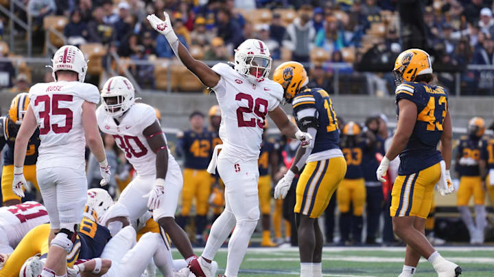 Nov 23, 2024; Berkeley, California, USA; Stanford Cardinal safety Darrius Davis (29) reacts after a California Golden Bears turnover during the third quarter at California Memorial Stadium. Mandatory Credit: Darren Yamashita-Imagn Images Nov 23, 2024; Berkeley, California, USA; Stanford Cardinal safety Darrius Davis (29) reacts after a California Golden Bears turnover during the third quarter at California Memorial Stadium. Mandatory Credit: Darren Yamashita-Imagn Images