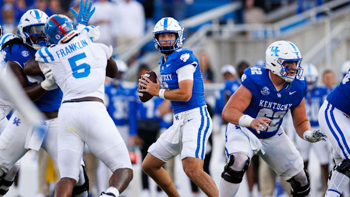 Sep 6, 2025; Lexington, Kentucky, USA; Kentucky Wildcats quarterback Cutter Boley (8) looks to pass during the fourth quarter against the Mississippi Rebels at Kroger Field. Mandatory Credit: Jordan Prather-Imagn Images Sep 6, 2025; Lexington, Kentucky, USA; Kentucky Wildcats quarterback Cutter Boley (8) looks to pass during the fourth quarter against the Mississippi Rebels at Kroger Field. Mandatory Credit: Jordan Prather-Imagn Images