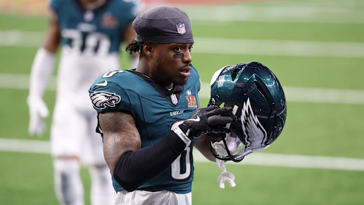 Feb 9, 2025; New Orleans, LA, USA; Philadelphia Eagles safety C.J. Gardner-Johnson (8) walks on the field during warmups before Super Bowl LIX between the Philadelphia Eagles and the Kansas City Chiefs at Caesars Superdome.