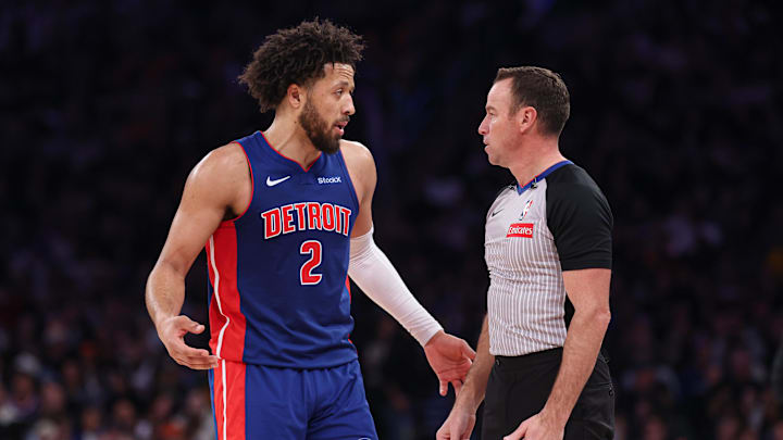 Dec 7, 2024; New York, New York, USA; Detroit Pistons guard Cade Cunningham (2) talks with referee Josh Tiven (58) during the second half against the New York Knicks at Madison Square Garden. Mandatory Credit: Vincent Carchietta-Imagn Images Dec 7, 2024; New York, New York, USA; Detroit Pistons guard Cade Cunningham (2) talks with referee Josh Tiven (58) during the second half against the New York Knicks at Madison Square Garden. Mandatory Credit: Vincent Carchietta-Imagn Images