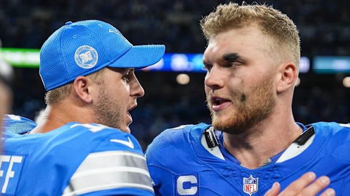 Detroit Lions quarterback Jared Goff (16) celebrates 26-20 win over L.A. Rams with defensive end Aidan Hutchinson (97) Detroit Lions quarterback Jared Goff (16) celebrates 26-20 win over L.A. Rams with defensive end Aidan Hutchinson (97)
