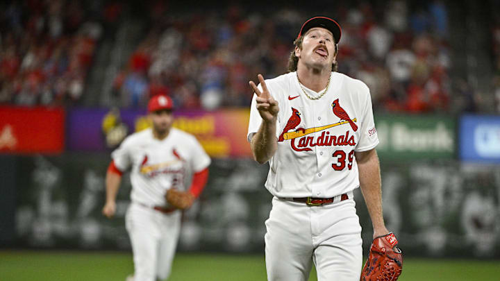 May 30, 2023; St. Louis, Missouri, USA; St. Louis Cardinals starting pitcher Miles Mikolas (39) reacts after getting the final out of the eighth inning against the Kansas City Royals at Busch Stadium. Mandatory Credit: Jeff Curry-Imagn Images May 30, 2023; St. Louis, Missouri, USA; St. Louis Cardinals starting pitcher Miles Mikolas (39) reacts after getting the final out of the eighth inning against the Kansas City Royals at Busch Stadium. Mandatory Credit: Jeff Curry-Imagn Images