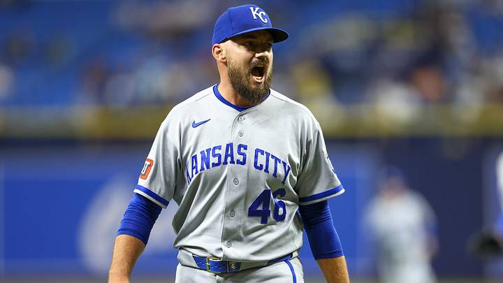 Jun 22, 2026; St. Petersburg, Florida, USA; Kansas City Royals pitcher John Schreiber (46) reacts after pitching the eighth inning against the Tampa Bay Rays at Tropicana Field. Mandatory Credit: Nathan Ray Seebeck-Imagn Images