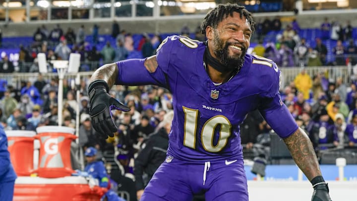 Baltimore Ravens cornerback Arthur Maulet (10) celebrates after winning in overtime against the Los Angeles Rams at M&T Bank Stadium. Baltimore Ravens cornerback Arthur Maulet (10) celebrates after winning in overtime against the Los Angeles Rams at M&T Bank Stadium.