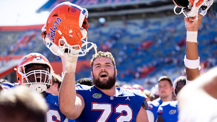 Florida Gators offensive lineman Josh Braun (72) sings after the game against the Eastern Washington Eagles at Steve Spurrier Field at Ben Hill Griffin Stadium in Gainesville, FL on Sunday, October 2, 2022. 