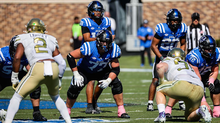 Oct 18, 2025; Durham, North Carolina, USA;  Duke Blue Devils offensive lineman Justin Pickett (77) looks on during the first half of the game against Georgia Tech Yellow Jackets at Wallace Wade Stadium. Mandatory Credit: Jaylynn Nash-Imagn Images