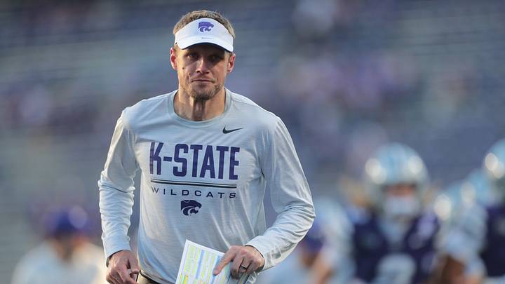 Kansas State Wildcats head coach Collin Klein runs off the field following the game against Houston Cougars inside Bill Snyder Family Stadium in Manhattan, Kansas, on Oct. 10, 2026. Kansas State Wildcats head coach Collin Klein runs off the field following the game against Houston Cougars inside Bill Snyder Family Stadium in Manhattan, Kansas, on Oct. 10, 2026.
