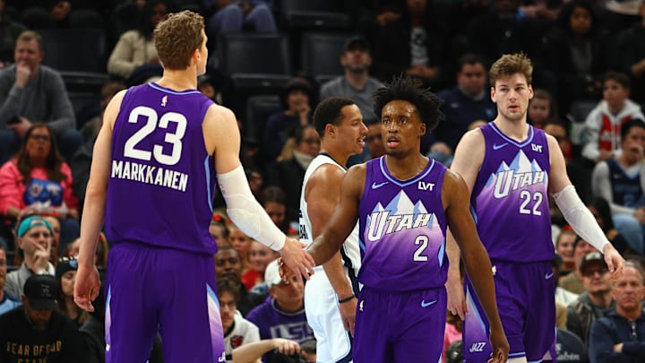 Jan 25, 2025; Memphis, Tennessee, USA; Utah Jazz guard Collin Sexton (2) reacts with forward Lauri Markkanen (23) during the second quarter against the Memphis Grizzlies at FedExForum. Mandatory Credit: Petre Thomas-Imagn Images