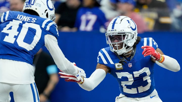 Indianapolis Colts cornerback Kenny Moore II (23) celebrates with Indianapolis Colts cornerback Jaylon Jones (40) after making an interception Sunday, Nov. 10, 2024, during a game against the Buffalo Bills at Lucas Oil Stadium in Indianapolis.