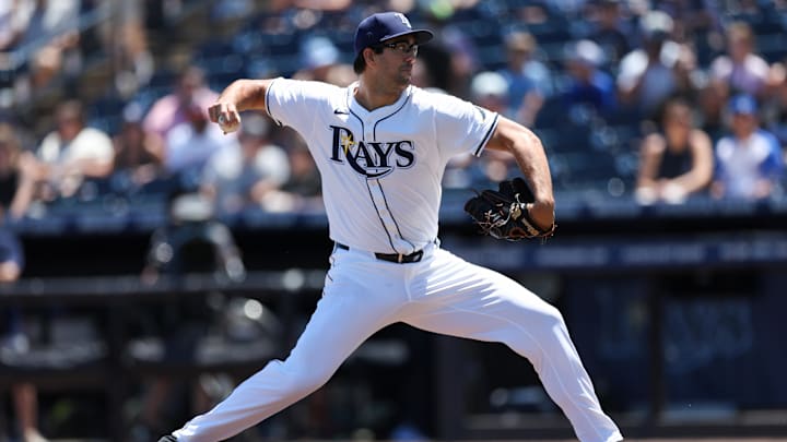 iApr 13, 2025; Tampa, Florida, USA; Tampa Bay Rays starting pitcher Joe Boyle (36) throws a pitch against the Atlanta Braves in the first inning at George M. Steinbrenner Field. Mandatory Credit: Nathan Ray Seebeck-Imagn Images