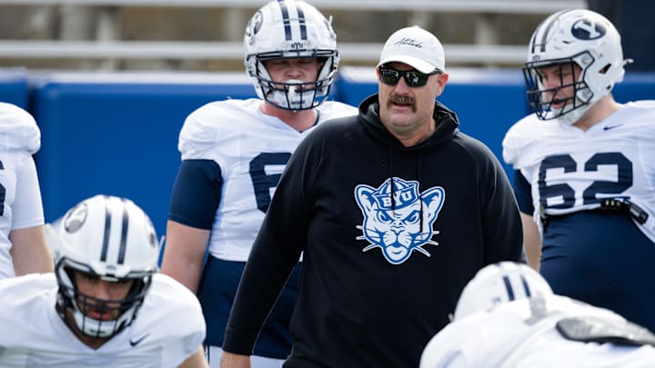 BYU offensive line coach TJ Woods at BYU Spring camp