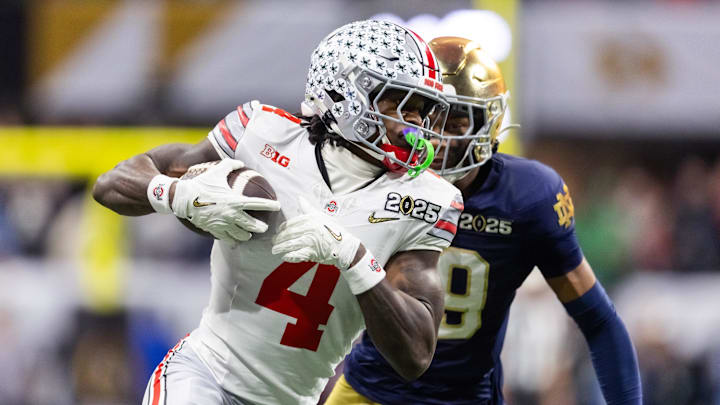 Jan 20, 2025; Atlanta, GA, USA; Ohio State Buckeyes wide receiver Jeremiah Smith (4) against the Notre Dame Fighting Irish during the CFP National Championship college football game at Mercedes-Benz Stadium.