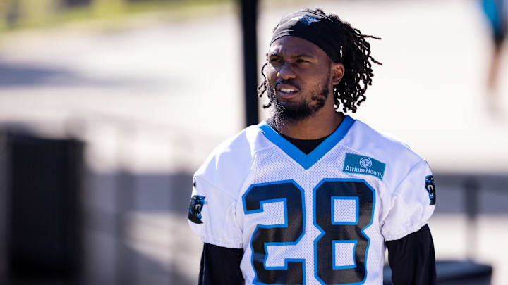 Jul 23, 2025; Charlotte, NC, USA; Carolina Panthers cornerback M.J. Devonshire (28) heads to the field for training camp. Mandatory Credit: Scott Kinser-Imagn Images Jul 23, 2025; Charlotte, NC, USA; Carolina Panthers cornerback M.J. Devonshire (28) heads to the field for training camp. Mandatory Credit: Scott Kinser-Imagn Images