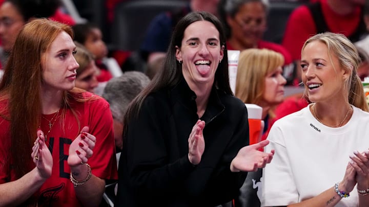 Indiana Fever guard Caitlin Clark (22) reacts from the bench during Game 4 of the WNBA semifinals against the Las Vegas Aces on Sunday, Sept. 28, 2025, at Gainbridge Fieldhouse in Indianapolis.