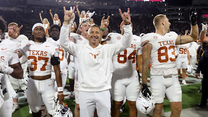 Oct 25, 2025; Starkville, Mississippi, USA; Texas Longhorns head coach Steve Sarkisian reacts after beating the Mississippi State Bulldogs in overtime at Davis Wade Stadium at Scott Field. Mandatory Credit: Petre Thomas-Imagn Images