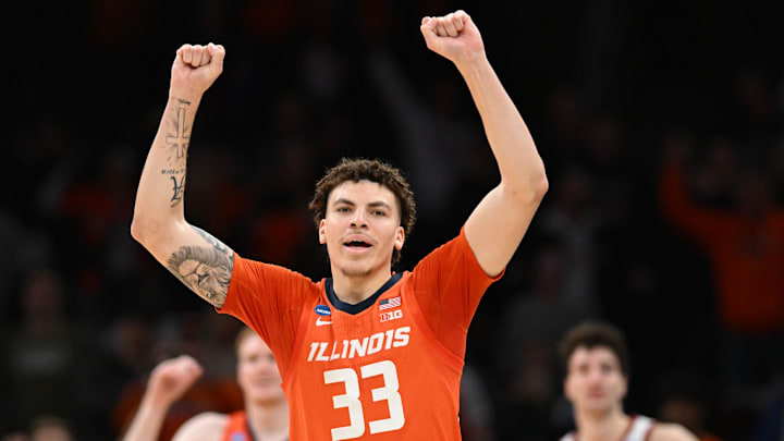 Mar 28, 2024; Boston, MA, USA; Illinois Fighting Illini forward Coleman Hawkins (33) reacts against the Iowa State Cyclones in the semifinals of the East Regional of the 2024 NCAA Tournament at TD Garden. Mandatory Credit: Brian Fluharty-USA TODAY Sports