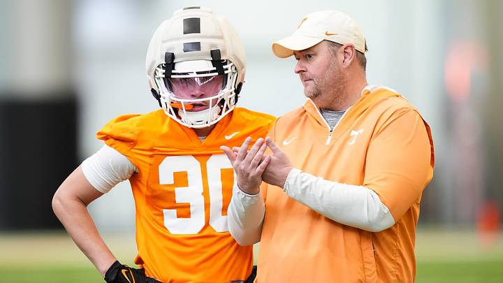 Tennessee coach Josh Heupel with Tennessee defensive back Javonte Smith (30) during the Vols' spring football practice in Knoxville on March 17, 2026.