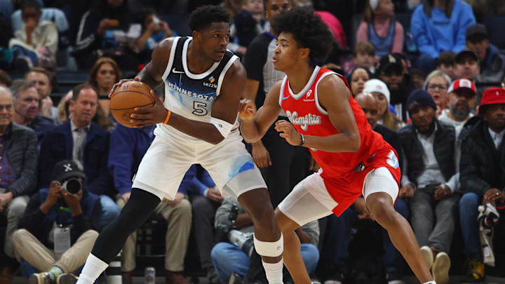 Minnesota Timberwolves guard Anthony Edwards handles the ball as Memphis Grizzlies forward Jaylen Wells defends during the first quarter at FedExForum in Memphis, Tenn., on Jan. 20, 2025.