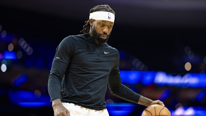Jan 6, 2024; Philadelphia, Pennsylvania, USA; Philadelphia 76ers guard Patrick Beverley warms up before action against the Utah Jazz at Wells Fargo Center. Mandatory Credit: Bill Streicher-Imagn Images