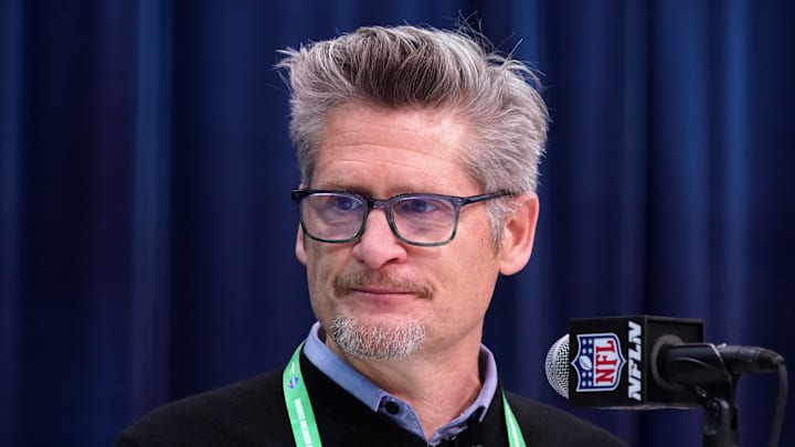Feb 25, 2020; Indianapolis, Indiana, USA; Atlanta Falcons general manager Thomas Dimitroff speaks during the NFL Scouting Combine at the Indiana Convention Center. Mandatory Credit: Kirby Lee-Imagn Images