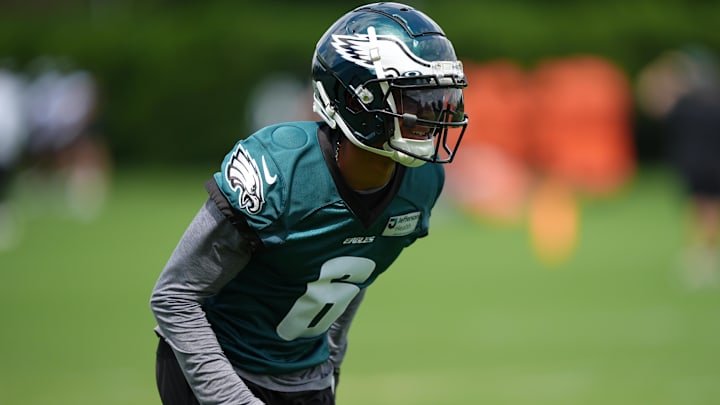 Jun 10, 2025; Philadelphia, PA, USA; Philadelphia Eagles wide receiver DeVonta Smith (6) performs a practice drill at NovaCare Complex.