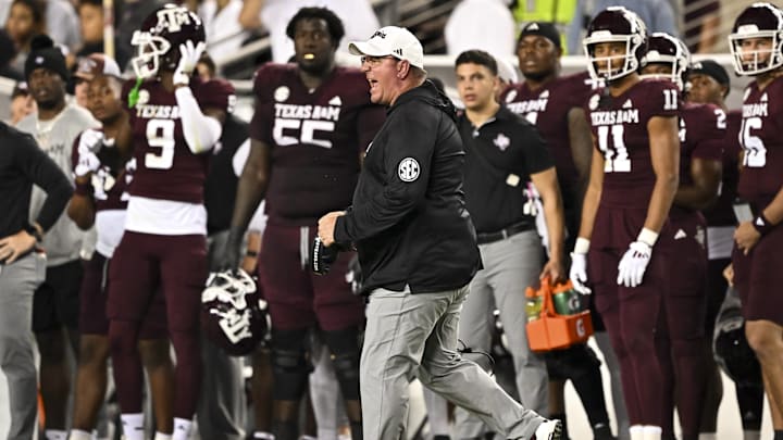 Nov 16, 2024; College Station, Texas, USA; Texas A&M Aggies coach Mike Elko reacts during the second quarter against the New Mexico State Aggies at Kyle Field.