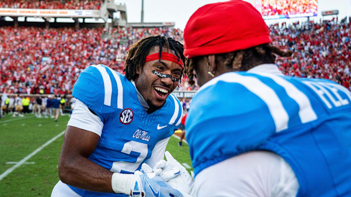 Ole Miss defensive back Jaylon Braxton (2) celebrates with defensive back Ricky Fletcher (9) after a college football game between Ole Miss and LSU at Vaught-Hemingway Stadium in Oxford, Miss., on Saturday, Sept. 27, 2025. Ole Miss defeated LSU 24-19.