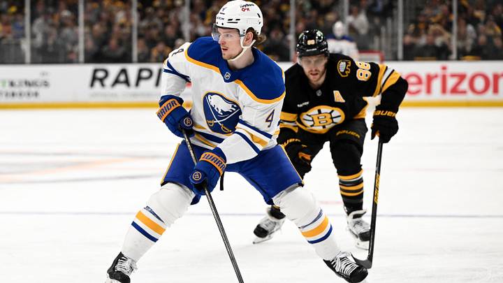 Apr 23, 2026; Boston, Massachusetts, USA; Buffalo Sabres defenseman Bowen Byram (4) skates against Boston Bruins right wing David Pastrnak (88) during the second period of game three of the first round of the 2026 Stanley Cup Playoffs at the TD Garden. Mandatory Credit: Brian Fluharty-Imagn Images Apr 23, 2026; Boston, Massachusetts, USA; Buffalo Sabres defenseman Bowen Byram (4) skates against Boston Bruins right wing David Pastrnak (88) during the second period of game three of the first round of the 2026 Stanley Cup Playoffs at the TD Garden. Mandatory Credit: Brian Fluharty-Imagn Images