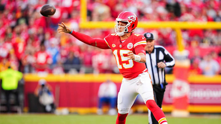 Oct 22, 2023; Kansas City, Missouri, USA; Kansas City Chiefs quarterback Patrick Mahomes (15) throws a pass during the second half against the Los Angeles Chargers at GEHA Field at Arrowhead Stadium. Mandatory Credit: Jay Biggerstaff-USA TODAY Sports