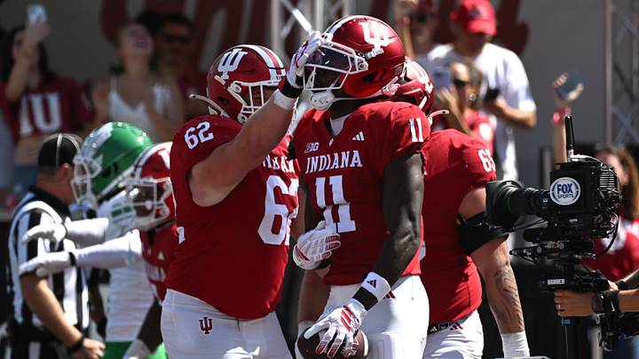Sep 5, 2026; Bloomington, Indiana, USA;  Indiana wide receiver Nick Marsh (11) celebrates a touchdown catch with offensive lineman Drew Evans (62) against the North Texas Mean Green during the first quarter at Merchants Bank Field at Memorial Stadium.  Mandatory Credit: Robert Goddin-Imagn Images