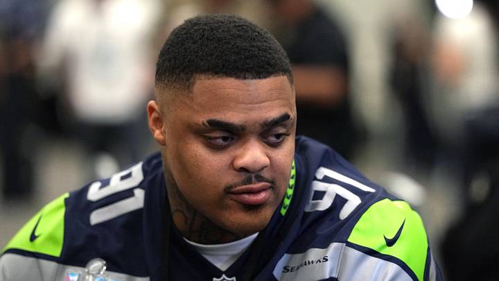 Feb 5, 2026; San Jose, CA, USA; Seattle Seahawks defensive tackle Byron Murphy II (91) talks to media members at the San Jose Marriott. Mandatory Credit: Darren Yamashita-Imagn Images