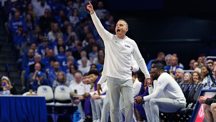 Mar 4, 2025; Lexington, Kentucky, USA; LSU Tigers head coach Matt McMahon yells to his players during the first half against the Kentucky Wildcats at Rupp Arena at Central Bank Center. Mandatory Credit: Jordan Prather-Imagn Images