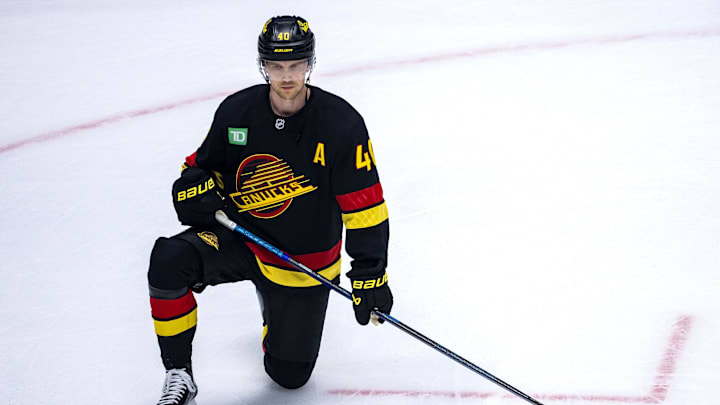 Jan 21, 2025; Vancouver, British Columbia, CAN; Vancouver Canucks forward Elias Pettersson (40) rests during warm up prior to a game against the Buffalo Sabres at Rogers Arena. Mandatory Credit: Bob Frid-Imagn Images