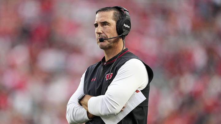 Oct 18, 2025; Madison, Wisconsin, USA;  Wisconsin Badgers head coach Luke Fickell during the game against the Ohio State Buckeyes at Camp Randall Stadium. Mandatory Credit: Jeff Hanisch-Imagn Images